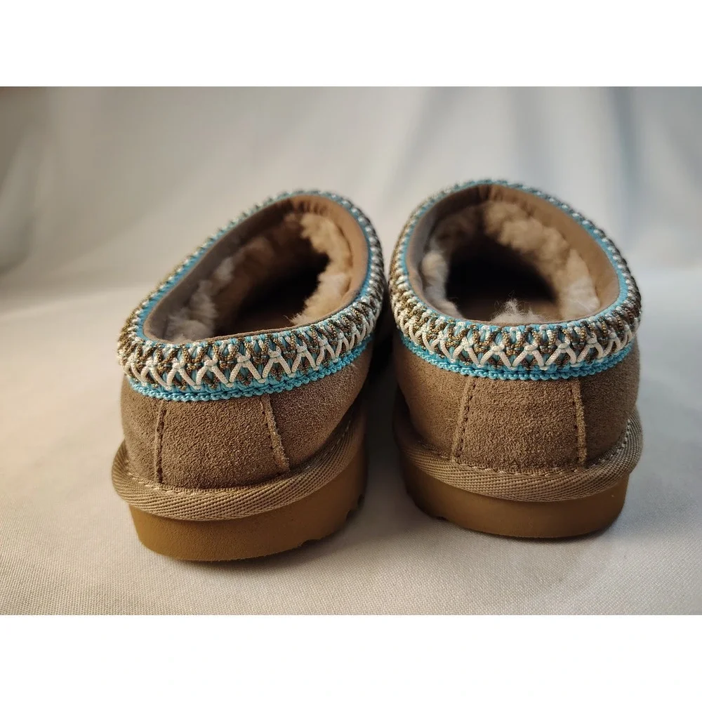 UGG Kids Tasman Chestnut Suede Slip On Slippers Blue Braid Embroidery Shoes 5